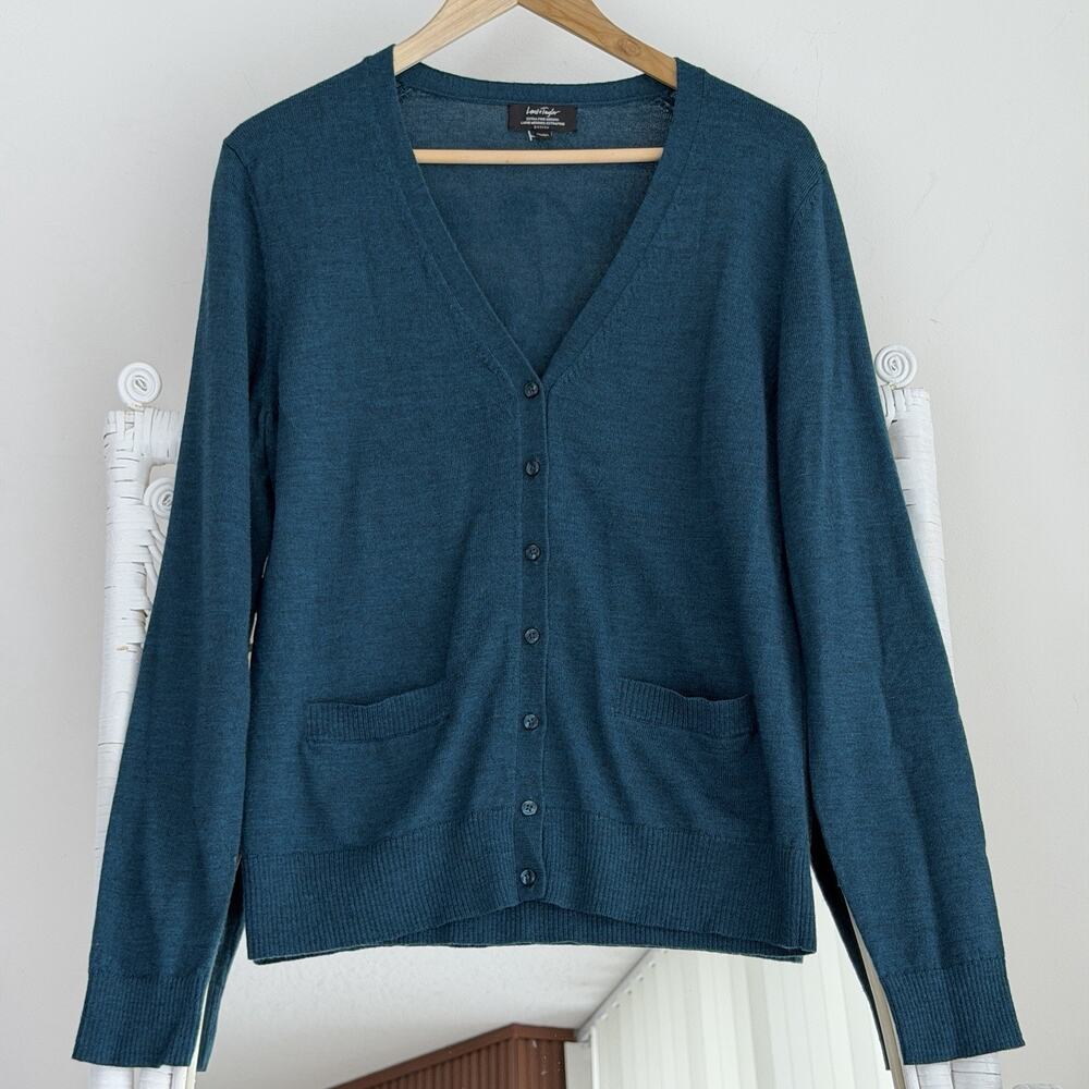 Lord & Taylor Merino Wool Cardigan Womens Large Petite Teal Blue Button Front